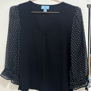 CeCe Black V-Neck Blouse with Black and White 3/4 sheer sleeves
